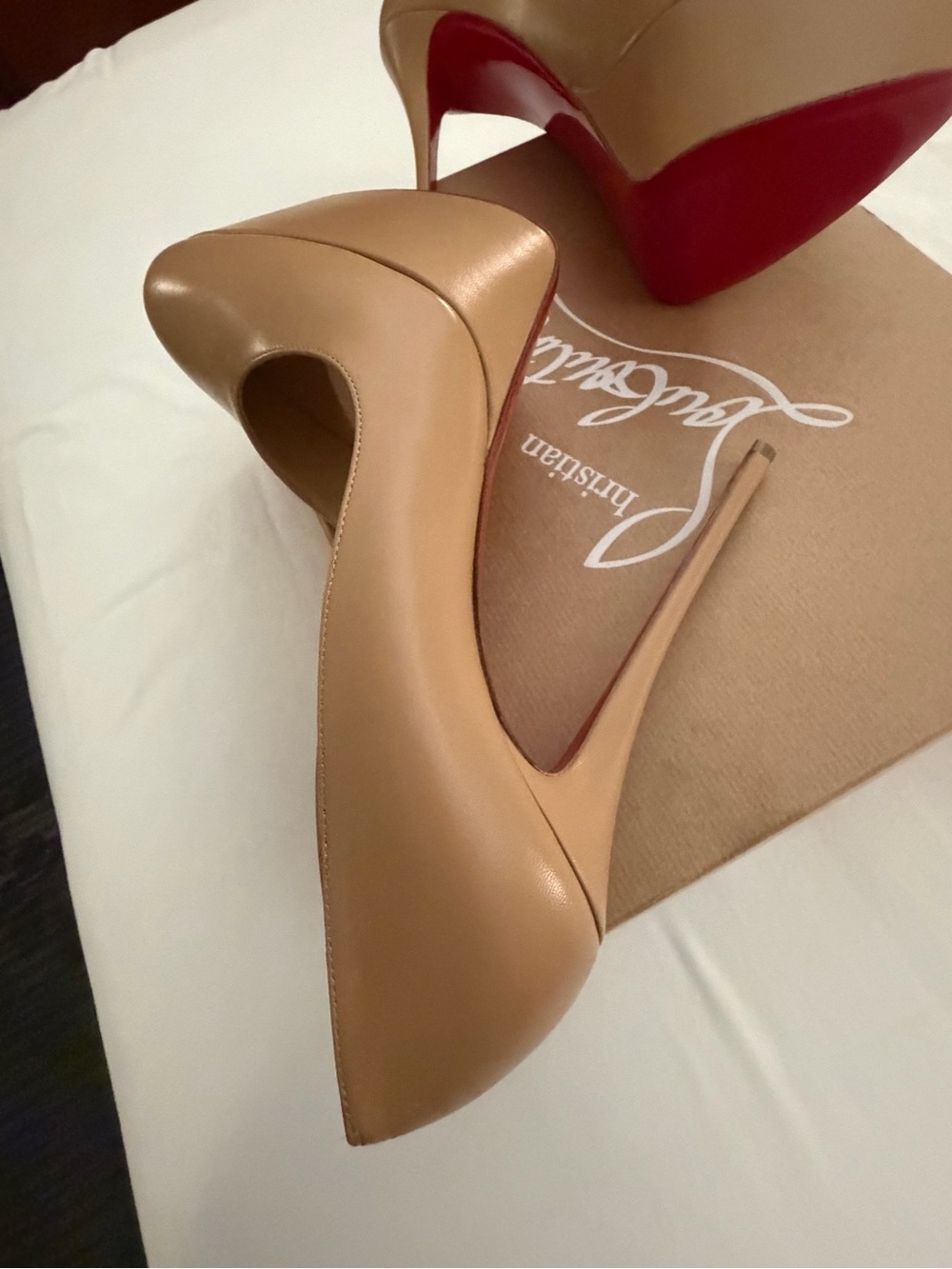 Christian Louboutin Nude Patent Platform Pumps with Signature Red Soles - Picture 11 of 17